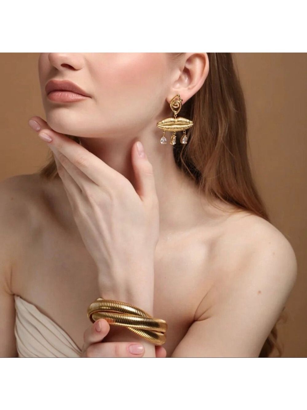 Women's Anthropologie Gold Lip Drop Earrings with Clear Stones, One Size